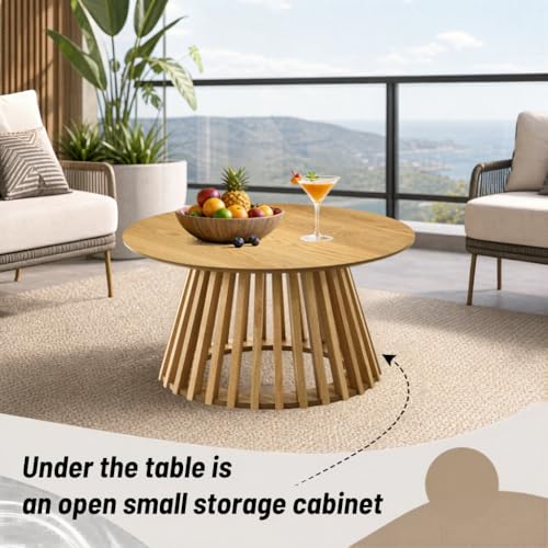 HNY Natural Round Coffee Table, Wood 31.5" Center Table for Living Room | Modern Mid Century Circle Coffee Table with Fluted Base for Outdoor Patio, Home Small Space, Bedroom, Apartment, Studio - color: Natural