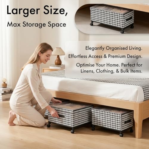 65L Under Bed Storage with Wheels, Adjustable Underbed Storage Bins, Foldable Dustproof Storage Container, 30.3×11.4×11.8 Inch Organizer for Clothes, Shoes, Blankets (black - Transparent Cover)