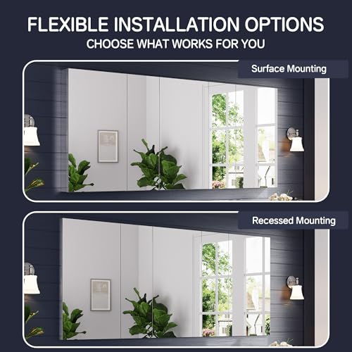 84"x36" Medicine Cabinet with Mirror & Soft Close Hinges, Surface Mount or Recessed Medicine Cabinet with Adjustable Shelves, Bathroom Wall Medicine Cabinet with Storage, Aluminum Alloy Frame, Combo - size: 84" x 36"