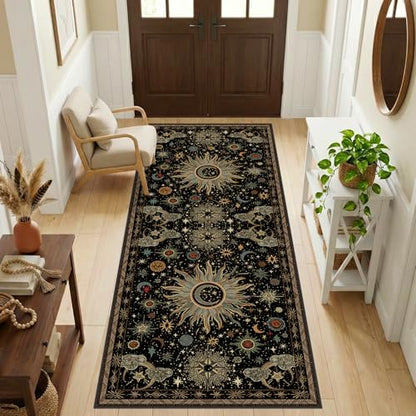 Vacuum-Friendly, 2x6 Washable Area Rug, Black Green Beige | Sun and Moon Boho Gothic Non-Slip Low Pile Living Roon Bedroom Dining Room Kitchen Entry Entryway Entrance Hallway Doormat - color: Black/Green/Beige, size: 2' x 6' (Runner)