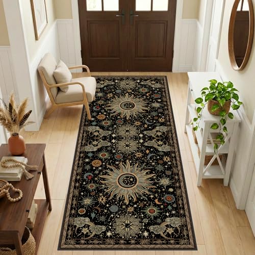 Vacuum-Friendly, 2x6 Washable Area Rug, Black Green Beige | Sun and Moon Boho Gothic Non-Slip Low Pile Living Roon Bedroom Dining Room Kitchen Entry Entryway Entrance Hallway Doormat - color: Black/Green/Beige, size: 2' x 6' (Runner)
