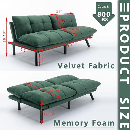 71" Velvet Futon Couch Bed with Mattress Included,Convertible Folding Sleeper Sofa Bed with Adjustable Backrests,Modern Loveseat Sleeper for Living Room Bedroom Small Space Home Office (Green)