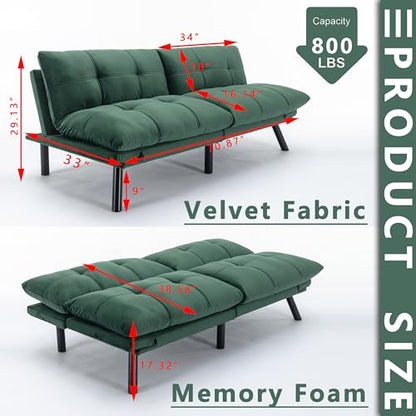 71" Velvet Futon Couch Bed with Mattress Included,Convertible Folding Sleeper Sofa Bed with Adjustable Backrests,Modern Loveseat Sleeper for Living Room Bedroom Small Space Home Office (Green)