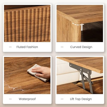 Fluted Coffee Table with Storage, Oval Lift Top Modern Rectangle Table for Living Room