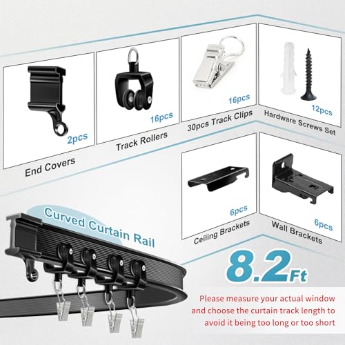 KOLAKO Ceiling Curtain Track, Flexible Bendable Curtain Track Wall or Ceiling Mount, Black 8.2Ft Curved Curtain Tracks System Sliding RV Shower Curtain Rail Track with Clips, Room Divider - color: Black, size: 8.2Ft