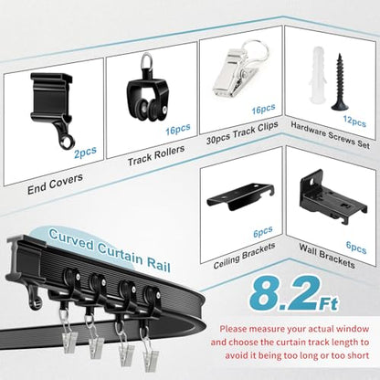 KOLAKO Ceiling Curtain Track, Flexible Bendable Curtain Track Wall or Ceiling Mount, Black 8.2Ft Curved Curtain Tracks System Sliding RV Shower Curtain Rail Track with Clips, Room Divider - color: Black, size: 8.2Ft