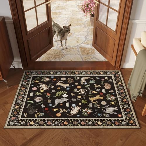 Rugcomf Door Mat Indoor Entrance 2x3 Rug Machine Washable Boho Floral Animal Cat Small Area Rug Non-Slip Low Pile Throw Rugs for Entryway Kitchen Front Door Indoor Entrance Entry Kids Room, Black - color: Black/Cat, size: 2' x 3' (Rectangular)
