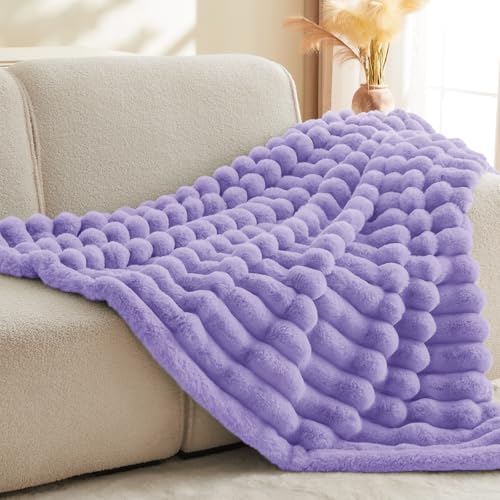 BEDELITE Faux Fur Throw Blanket for Couch, 770GSM, 60" x 80", Lavender | Soft and Cozy Luxurious 3D Striped Fluffy Blanket, Warm Plush Fuzzy Faux Rabbit Fur for Women Gift, Stylish Room Decor - color: Lavender, size: Twin(60"x80")