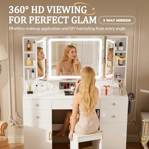 COMHOMA Vanity Desk with 3 Way Mirror and Lights, Large Makeup Vanity Table Set with Charging Station, 3 Lighting Modes & 360° View Mirror, 7 Drawers Dressing Table for Women Girls Bedroom, White - size: 7 Drawers