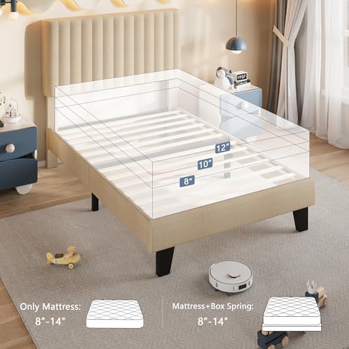Einhomn Twin Size Bed Frame with Headboard, Upholstered Linen Platform Bedframe with Solid Wooden Slats, Noise-Free, No Box Spring Needed, Easy Assembly, Beige - color: Beige, size: Twin