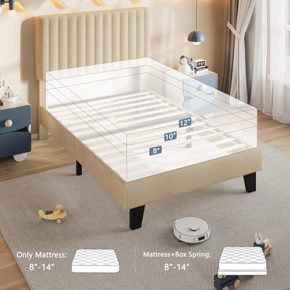 Einhomn Twin Size Bed Frame with Headboard, Upholstered Linen Platform Bedframe with Solid Wooden Slats, Noise-Free, No Box Spring Needed, Easy Assembly, Beige - color: Beige, size: Twin
