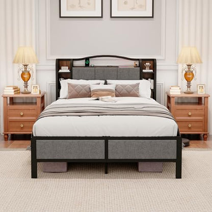Full Bed Frame with LED Lights & Charging Station | Upholstered Headboard & Footboard, No Box Spring Needed, Noise-Free Easy Assembly, Large Under Bed Storage - size: Full