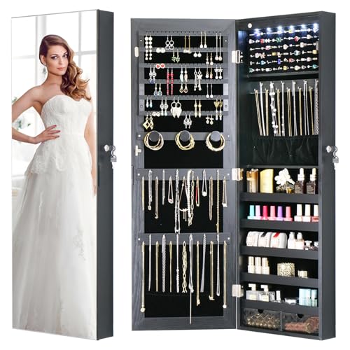 LED Jewelry Cabinet Armoire Organizer,Wall/Door Mount Jewelry Organizer and Storage with Full-Length Mirror Hanging Jewelry Organizer Full Length Mirror with Storage Large Capacity Black - color: Black, size: 43.3*14.6 LED Mirror