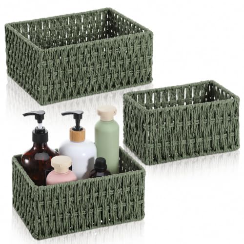 3 Pack Wicker Baskets for Organizing, Toilet Tank Basket for Bathroom, Hand-Woven Paper Rope Wicker Baskets, Toilet Paper Storage Basket for Toilets Tank Top for Shelves(Green) - color: Green