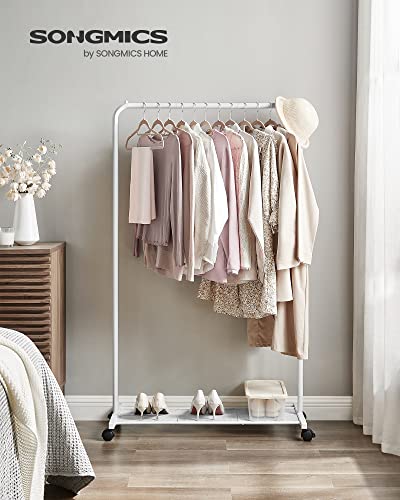 SONGMICS Clothes Rack with Wheels, Clothing Rack for Hanging Clothes, 25.4 mm Metal Garment Rack with Dense Mesh Storage Shelf, 110 lb Load Capacity, 2 Brakes, Cloud White UHSR025W01 - color: White, style: Single Rod