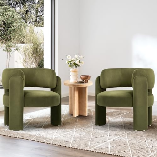 COLAMY Modern Velvet Accent Chair, Upholstered Barrel Chair, Comfy Side Arm Chair with 3 Legs for Living Room, Bedroom, Reading, Green - color: New-green, size: Set of 1
