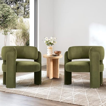 COLAMY Modern Velvet Accent Chair, Upholstered Barrel Chair, Comfy Side Arm Chair with 3 Legs for Living Room, Bedroom, Reading, Green - color: New-green, size: Set of 1