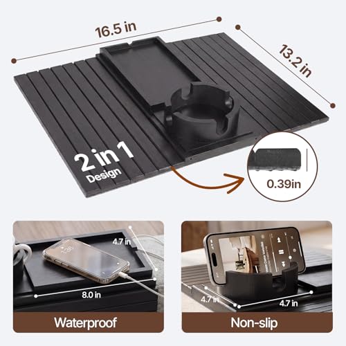 Bamboo Sofa Armrest Tray, Foldable Couch Arm Tray Side Table, 2 in 1 Anti-Falling Armrest Tables Cup Holder for Snacks, Drinks, Beers, Phone, Control, Flexible and Portable, Anti-Slip, (Black) - color: Black