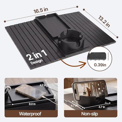 Bamboo Sofa Armrest Tray, Foldable Couch Arm Tray Side Table, 2 in 1 Anti-Falling Armrest Tables Cup Holder for Snacks, Drinks, Beers, Phone, Control, Flexible and Portable, Anti-Slip, (Black) - color: Black