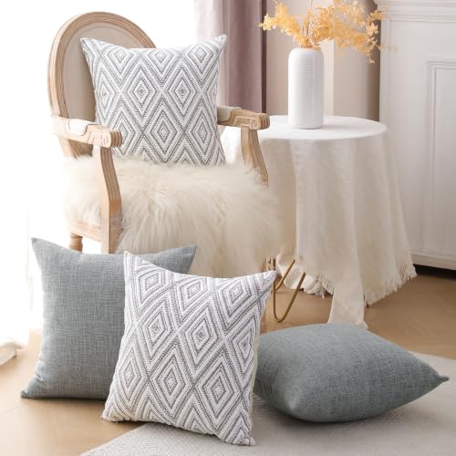 HPUK Throw Pillow Covers 18x18, Set of 4, Grey Textured Couch Pillow Covers | Polyester fabric, patterned and solid designs, hidden zippers, machine washable, for sofas and beds, inserts not included - color: Grey, size: 18" x 18" (Pack of 4)