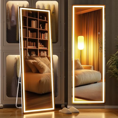 Full Length Mirror with Lights, 56" x 16" LED Lighted Floor Standing Body Mirror, Dimmable & 3 Color Lighting for Bedroom, Cloakroom, Dressing Room, Tempered Glass, Square White - color: White, size: 56"L x 16"W