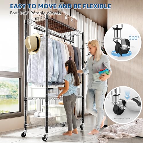 M MZG Heavy Duty Rolling Garment Rack 3 Tiers Adjustable Wire Shelving Clothes Rack with Rods and Side Hooks,Storage Closet Clothing Rack with Wheels Black 15.7" D x 29.5" W x 74.5" H - color: Black, size: 3 Tier with 1 rod, 15.7"D x 29.5"W x 74.5"H