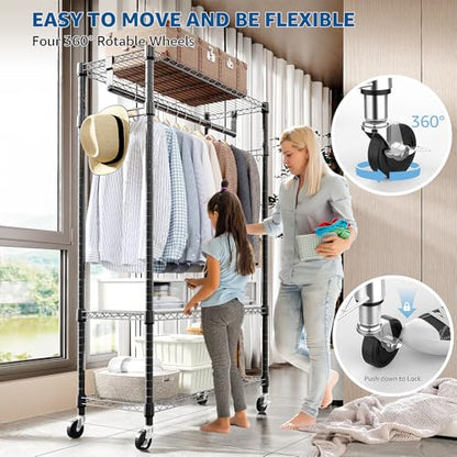 M MZG Heavy Duty Rolling Garment Rack 3 Tiers Adjustable Wire Shelving Clothes Rack with Rods and Side Hooks,Storage Closet Clothing Rack with Wheels Black 15.7" D x 29.5" W x 74.5" H - color: Black, size: 3 Tier with 1 rod, 15.7"D x 29.5"W x 74.5"H