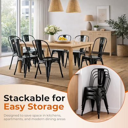 Metal Dining Chairs Set of 4 Obsidian Black | Stackable Tolix Style Indoor Outdoor Patio Kitchen Farmhouse Chair - color: Obsidian Black