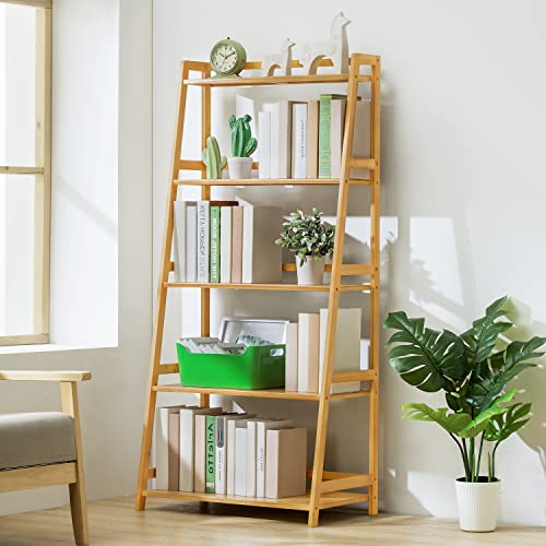 Magshion Bamboo Ladder Bookshelf 5-Tier Ladder Shelf Floor Freestanding Display Shelving Units Storage Rack Plant Stand for Home Office Library (Natural, 27" L x 15" W x 58.5" H)