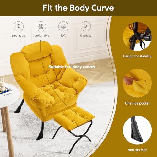 Lazy Chair with Folding Ottoman Modern Large Accent Chair,Contemporary Lounge Leisure Sofa Chair with Armrests Upholstered Sofa Armchair Reading Chair for Bedroom,Dorm & Office (Yellow-f) - color: Yellow