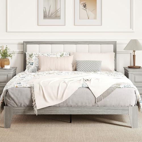 HOMCOM Queen Size Bed Frame, Upholstered Headboard, Wooden Slats, Gray | Platform Bed Frame, No Box Spring Needed, Easy Assembly - size: Queen
