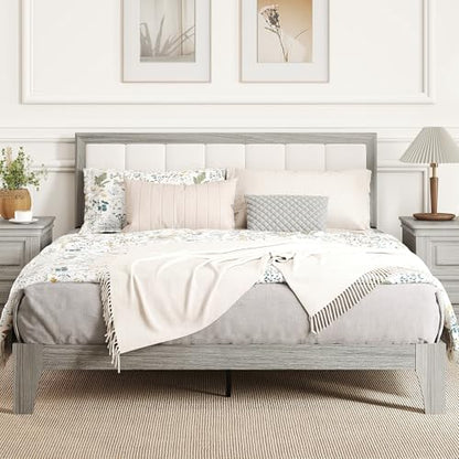 HOMCOM Queen Size Bed Frame, Upholstered Headboard, Wooden Slats, Gray | Platform Bed Frame, No Box Spring Needed, Easy Assembly - size: Queen