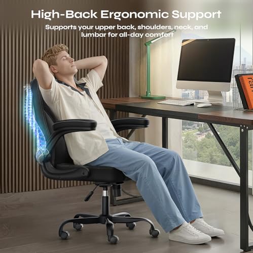 PU Leather Mid-Back Office Chair, Flip-Up Arms, 3.5" Dual-Layer Cushion | PU leather mid-back chair with 3.5" dual-layer cushion, flip-up armrests, swivel wheels, and pneumatic height adjustment - color: Black
