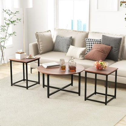 COSTWAY Coffee Table Set of 3, Round Wood Grain Coffee Table and 2 Square End Side Tables with Metal Frame, Modern 3-Piece Living Room Tables Set for Small Space, Apartment (Walnut & Black) - color: Walnut & Black