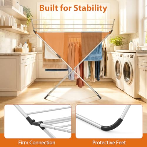 Tangkula Collapsible X-Shaped Freestanding Clothes Drying Rack | Sturdy Aluminum Frame | 2 Foldable Wings & 14 Drying Poles | Space-Saving | for Laundry Room, Balcony, Patio