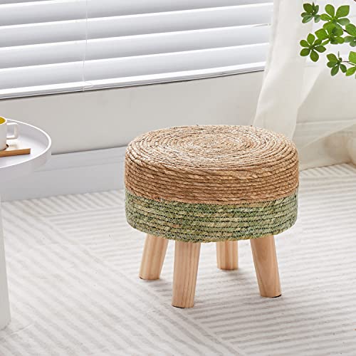 Cpintltr Ottoman Natural Seagrass Footrest Poufs Hand Weave Round Foot Stool for Couch Desk Soft Step Stool Padded Foot Rest with Pine Legs for Living Room Bedroom Natural/Green - color: Green
