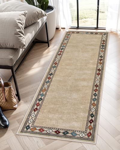 Lahome Modern Bordered Kitchen Runner Rugs Non Skid Washable, 2x6 Runners for Hallways Non Slip Ultra-Thin Hallway Rug, No Shedding Soft Carpet for Entryway Laundry Room Bedroom (2x6ft,Beige) - color: Beige, size: 2' x 6'