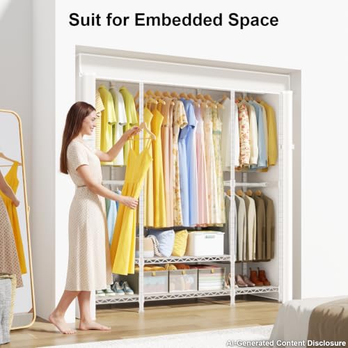 E3C White Clothes Rack with Beige Cover, Heavy Duty Garment Rack | Freestanding Metal Closet System Storage Organizer for Clothing, Clothing Rack Holds up to 850 lbs, 59.5"W x 16.5"D x 77.4"H - color: White Rack with Beige Cover