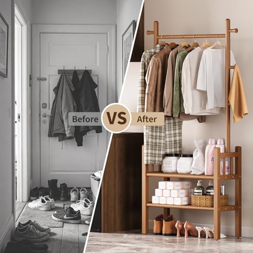 Yoobure Solid Wood Clothing Rack with Shelves - Coat Rack Freestanding with 6 Hooks, 3-in-1 Hall Tree for Hanging Clothes, Tall Garment Racks with Storage for Bedroom, Entryway, Living Room, Closet - color: Natural