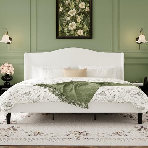 HA CERLIN King Size Bed Frame with Curved Wingback Headboard,Soft White | Modern Luxury Design Velvet Platform Bed with Sturdy Wooden Slats,Noise-Free, No Box Spring Needed, Easy Assembly - color: Soft White, size: King