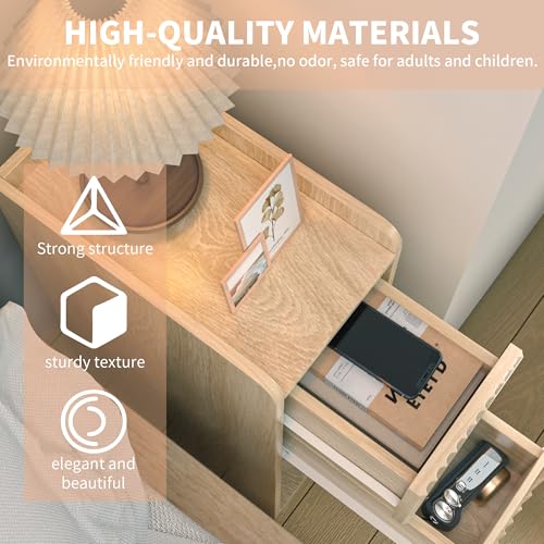 Small Fluted Nightstand Set of 2, Wood 2 Drawer Narrow Nightstand, Slim Side Table, Modern Boho End Bedside Table, Natural Wood Night Stand with Drawers for Bedroom, Living Room, Natural - color: Natural-2 Pcs