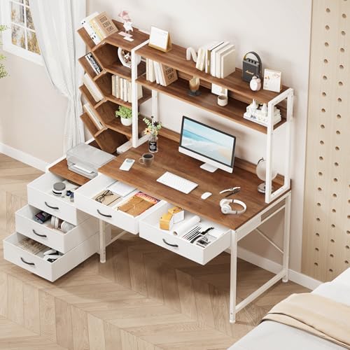 52" Computer Desk with Bookshelf, 5 Drawers ＆ Hutch for Bedroom | Office Desk with Printer Shelf, Study Writing Desk with Storage Shelves, Brown and White - color: Brown and White