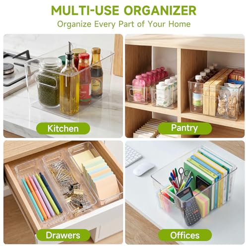 YKIOKE 8 Pack Clear Plastic Storage Bins with Handles, Stackable Organizer | BPA-Free, 4 Large & 4 Small Stackable Organizer Containers for Kitchen Cabinets, Countertops, Drinks, Fruits, Vegetables - size: 8-Pack