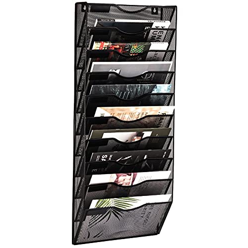 10 Pocket Mesh Hanging Wall File Organizer, Wall Mounted Mail Paper Document Folder Holder, Clipboard Storage Organization Magazine Rack with Nametag Label for Office Home School, Black - color: Black, size: 10 Tier