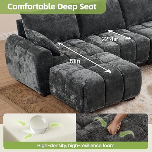 143" Oversized U Shaped Cloud Modular Sectional Sofa, Modern Chenille Upholstered 6 Seater Couch with 2 Removable Ottomans, Tufted Deep Seat & Wood Legs, Large Grey Sectional Couches for Living Room - color: Grey, size: U-Shaped Couch