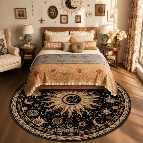 Vacuum-Friendly, Round 8ft Washable Area Rug, Black Gold Beige Red | Sun and Moon Boho Gothic Non-Slip Low Pile Living Roon Bedroom Dining Room Kitchen Entry Entryway Entrance Hallway Doormat - color: Black/Gold/Beige/Red, size: 8' (Round)