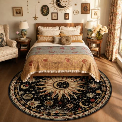 Vacuum-Friendly, Round 8ft Washable Area Rug, Black Gold Beige Red | Sun and Moon Boho Gothic Non-Slip Low Pile Living Roon Bedroom Dining Room Kitchen Entry Entryway Entrance Hallway Doormat - color: Black/Gold/Beige/Red, size: 8' (Round)