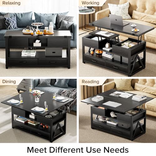 40" Lift Top Coffee Table with Storage,Black | 4 in 1 Multi-Function Lifting top Coffee Tables with Storage Drawers and Hidden Compartmen,for Living Room - color: Black