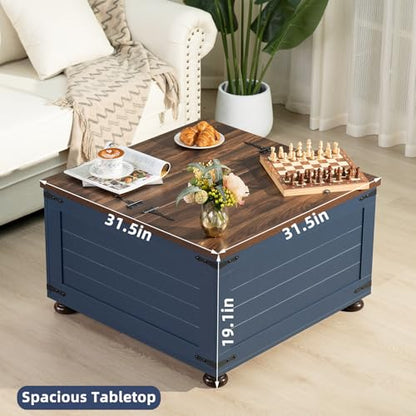 Joaxswe Farmhouse Coffee Table with Hidden Storage, 59 Gallon Square Center Table for Living Room, Rustic Wood Cocktail Tables with Flip-Top Lids, Farm House Tables with Wooden Gourd Feet, Navy Blue - color: Blue, style: With Round Legs