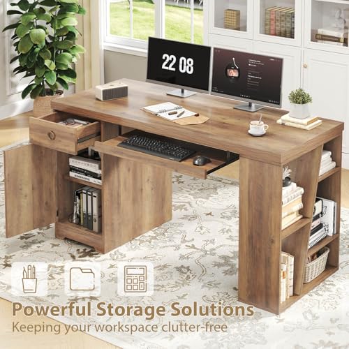 HSH Office Desk with Drawers, Farmhouse Computer Desk with Keyboard Tray | 55 Inch Rustic Wood Work Study Writing Pc Executive Table Studio Desks Home Workstation with Storage Shelves and Cabinet - color: Rustic Oak